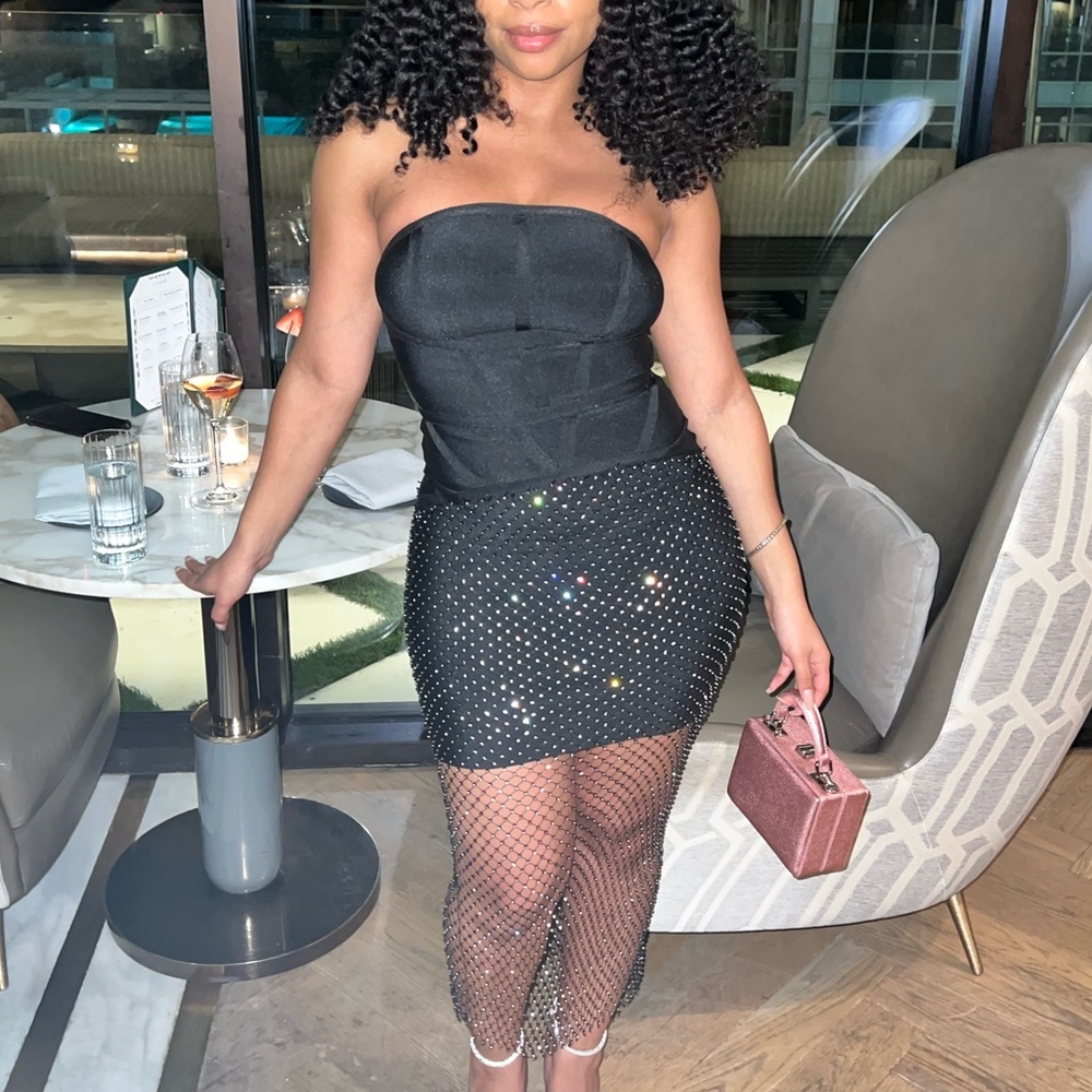 asos black bandeau dress | Dresses | Asos Design Midi Bandage With Embellished Skirt In Black Plus Size Ball Gown pair:sloane-c-shape-hoop-earrings-gold Size:OSFA The ASOS DESIGN bandeau